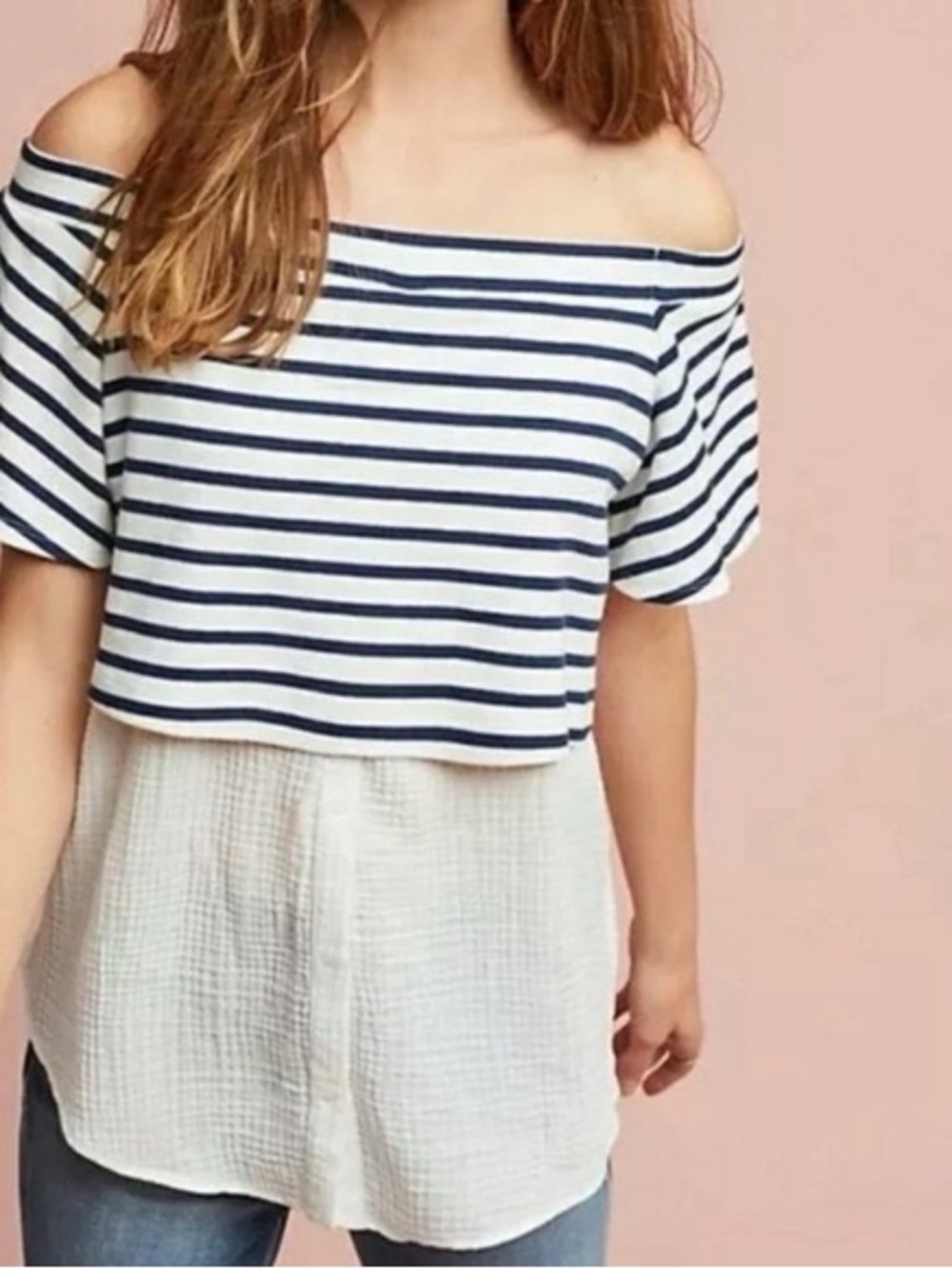 Anthropologie Off-Shoulder Navy Stripe and White Layered Womens Top